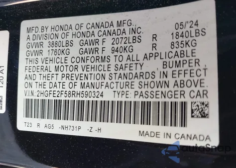 2024 Honda Civic Sport from USA, damaged, VIN 2HGFE2F58RH590324